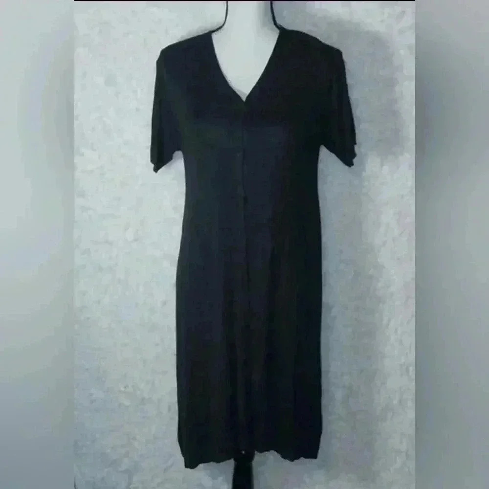 Linda Allard for Ellen Tracy Button Down Short Sleeve Black Dress Size L